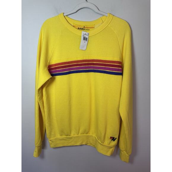 AVIATOR NATION Five Stripe Crewneck Sweatshirt In Lemon Yellow Sz S NWT $185 - Picture 2 of 9